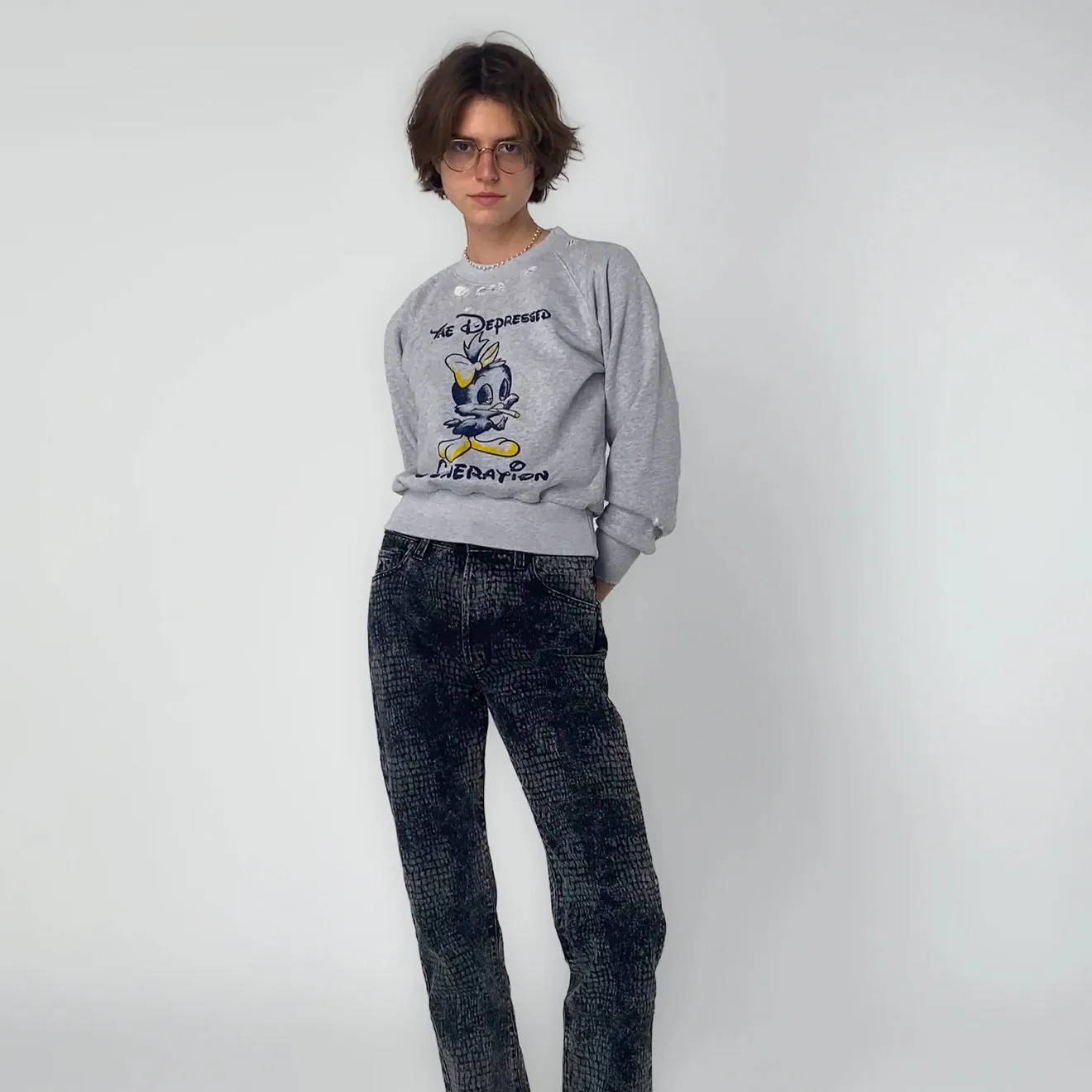 Aries Womens Destroyed Weedie Pie Raglan Sweat Light Grey Marl