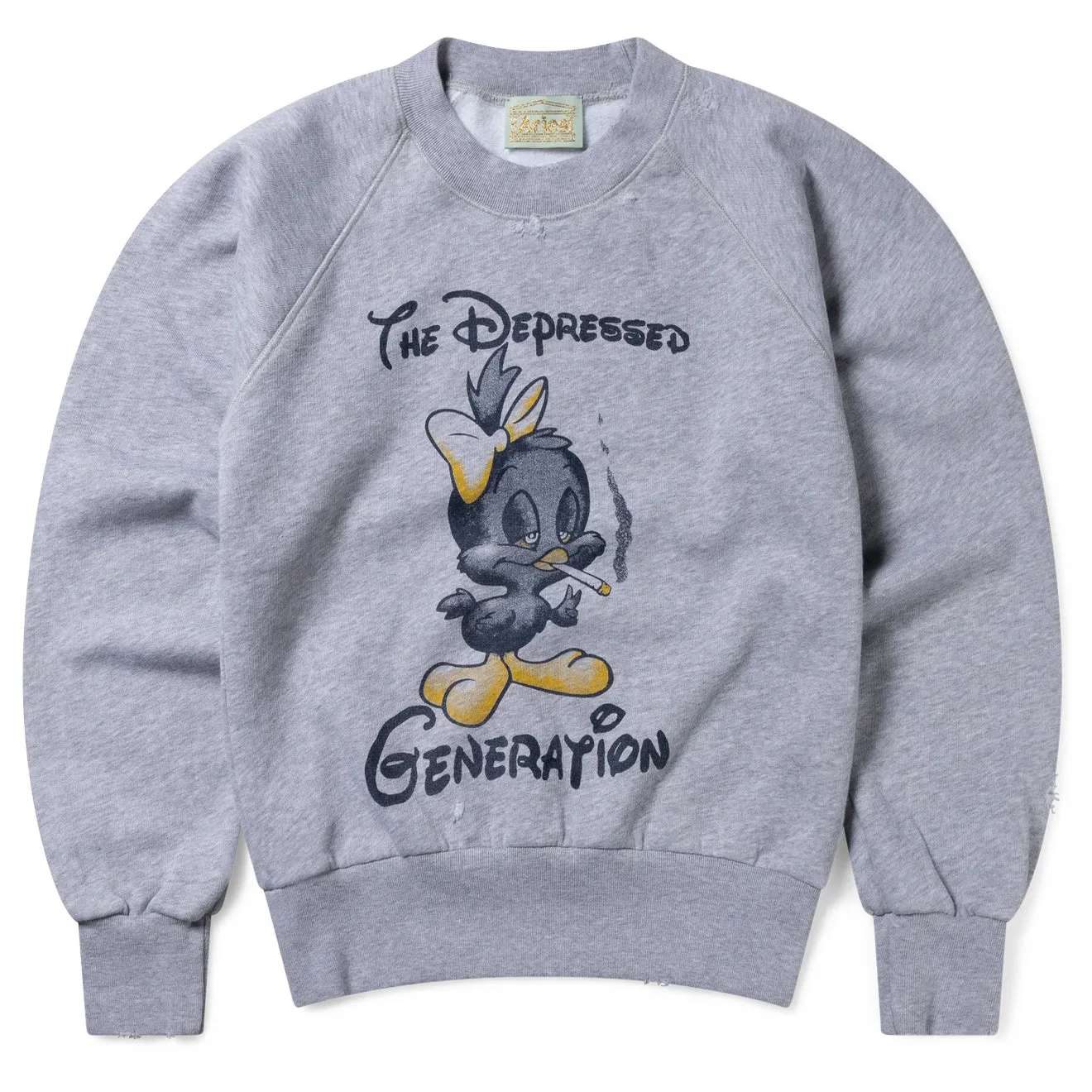 Aries Womens Destroyed Weedie Pie Raglan Sweat Light Grey Marl