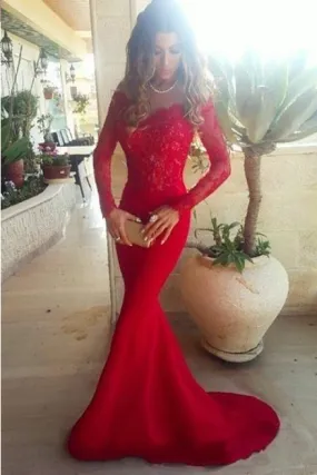 Bridelily 2019 Red Lace Mermaid Evening Gowns Long Sleeves Off the Shoulder Sexy Long Prom Dresses