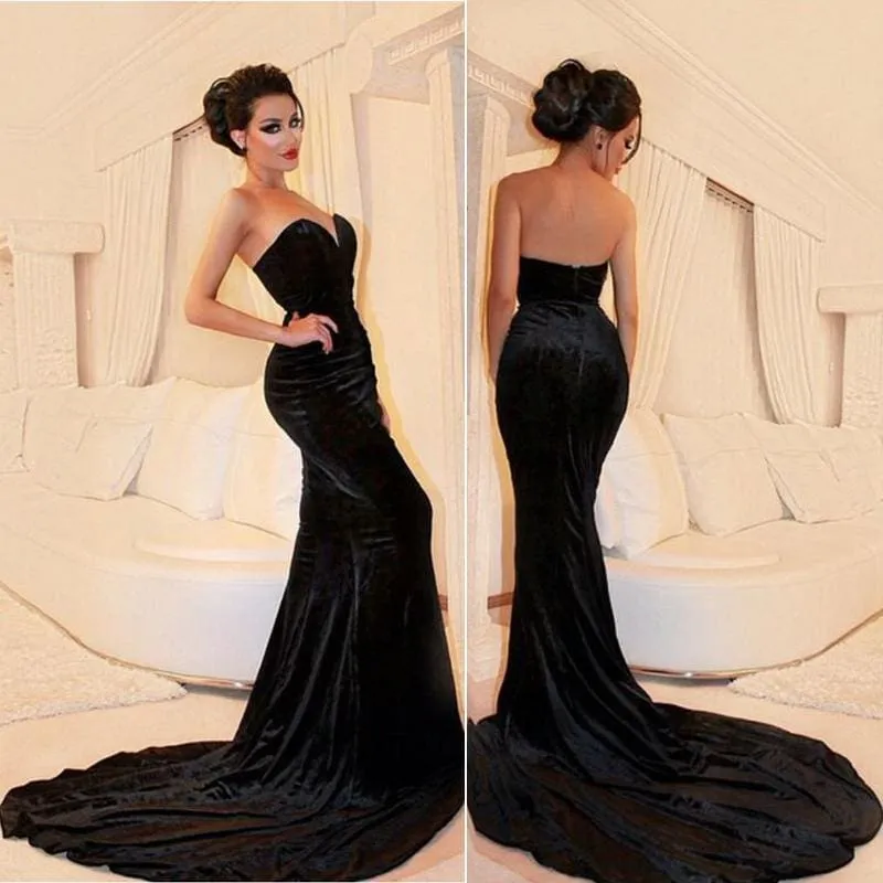 Bridelily 2019 Sexy Sweetheart Mermaid Black Velvet Prom Dresses BA5566