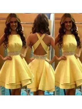 Bridelily A-Line Satin Scoop Sleeveless Short/Mini With Beading Prom Dresses