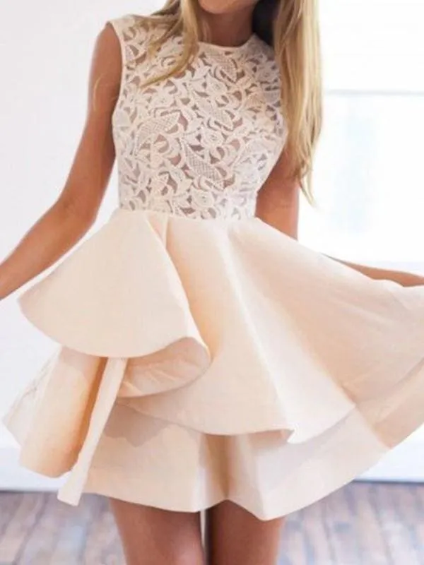 Bridelily A-Line Satin Scoop With Applique Sleeveless Short/Mini Dresses