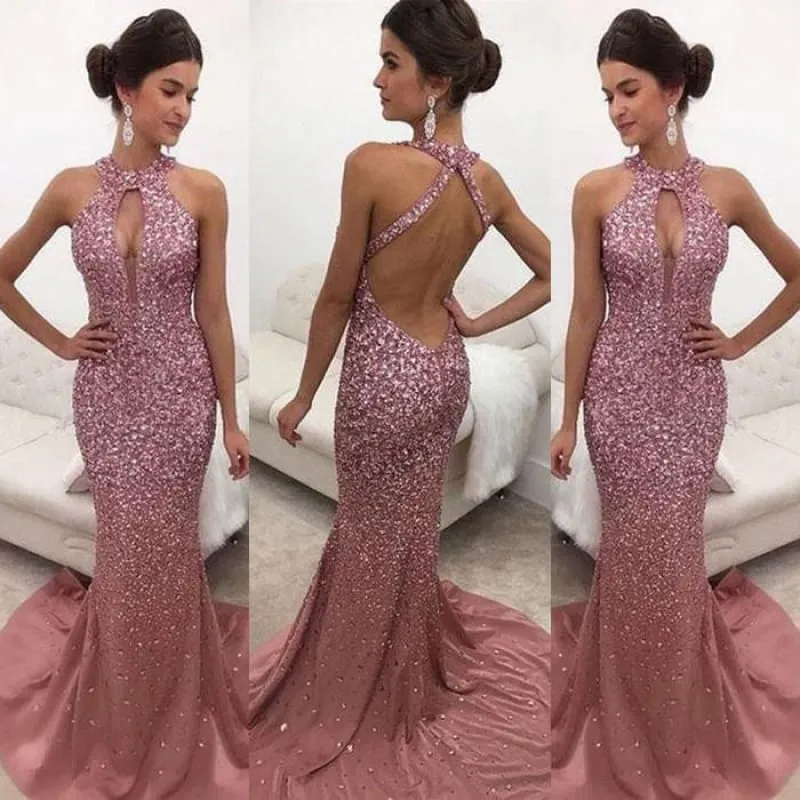 Bridelily Halter Sleeveless Backless Sweep-train Sequins Mermaid Evening Dresses