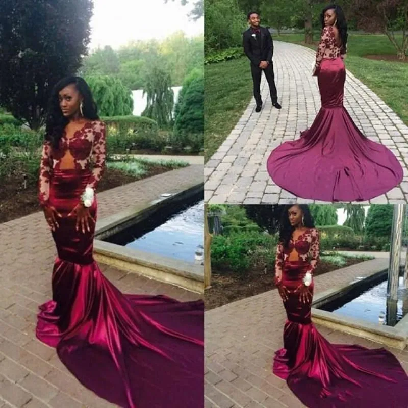 Bridelily Sexy Long-Sleeve Velvet Mermaid Sweep-Train Lace Prom Dress