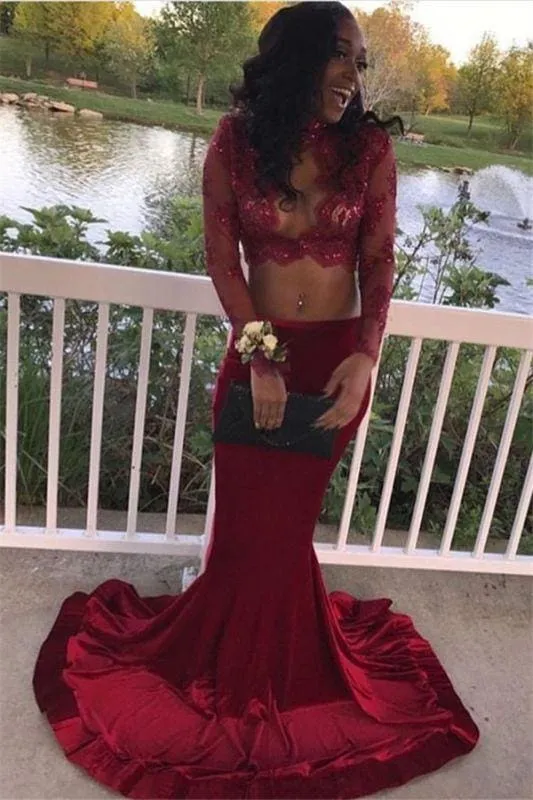 Bridelily Sexy Long Sleeves Mermaid Two Pieces Prom Dresses