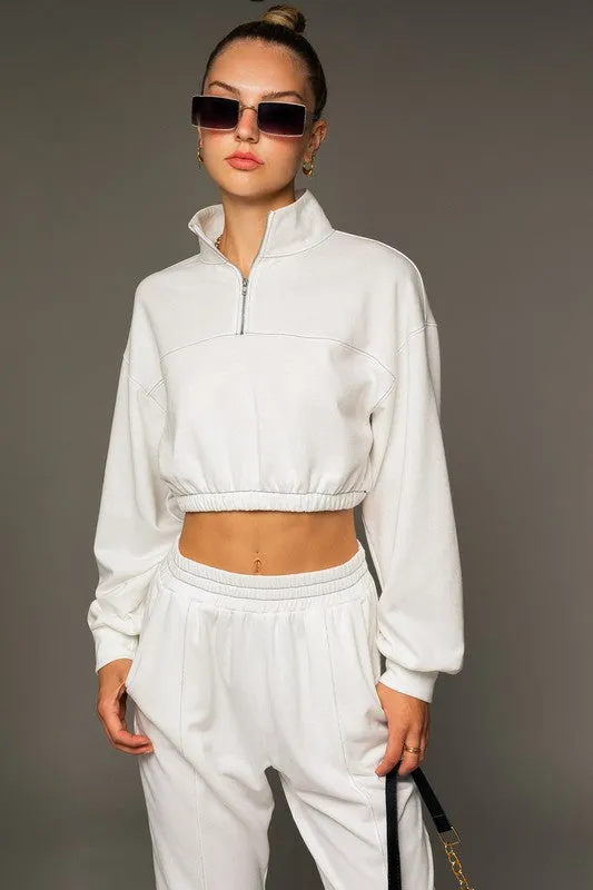 Causal Long Sleeve Elastic Waist Cropped Sweatshirt Top