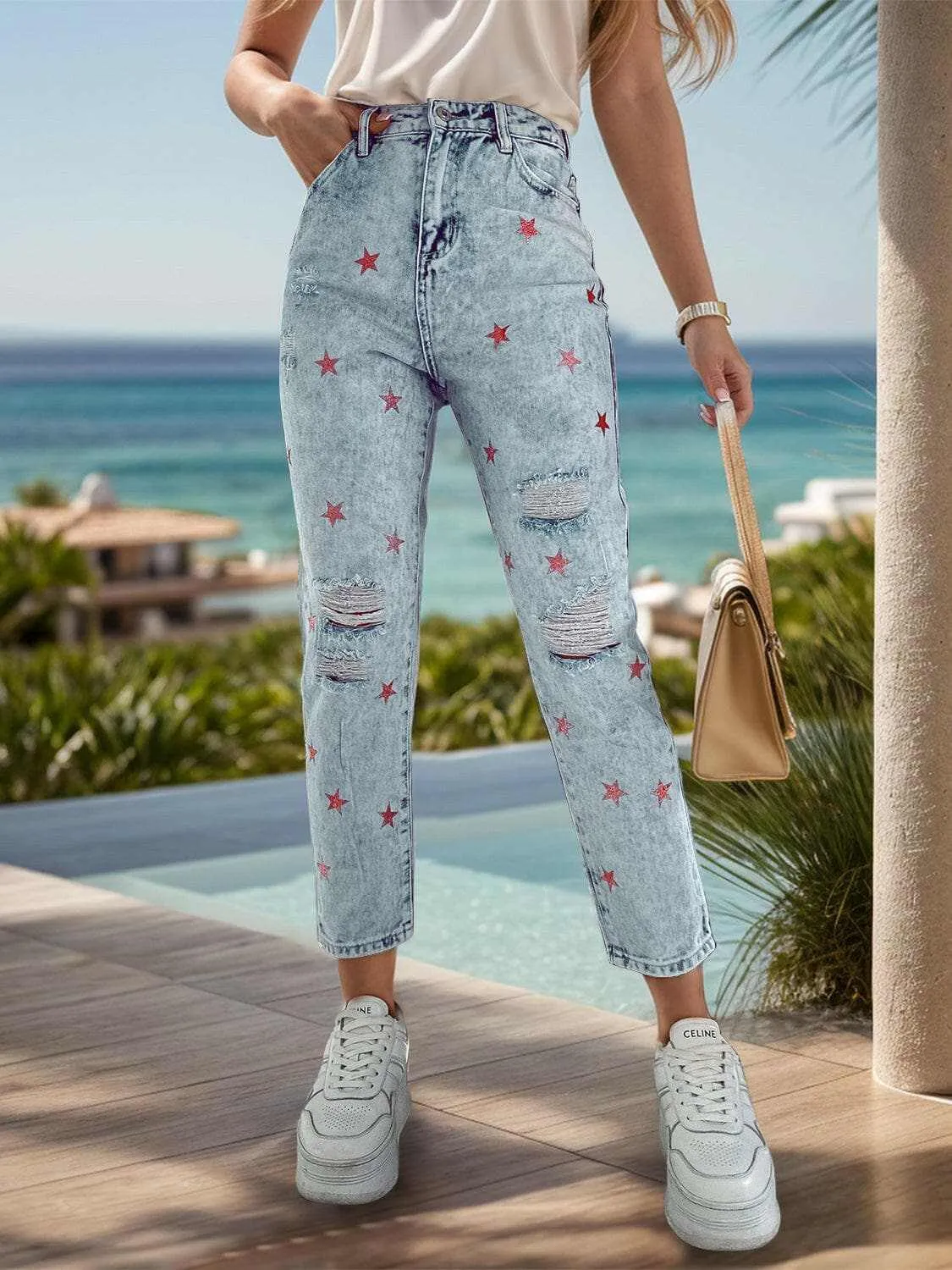 Distressed star pocket jeans