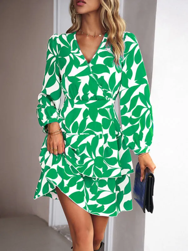 Elastic Waist Long Sleeve Layered Surplice Dress