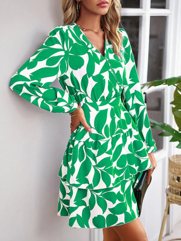 Elastic Waist Long Sleeve Layered Surplice Dress