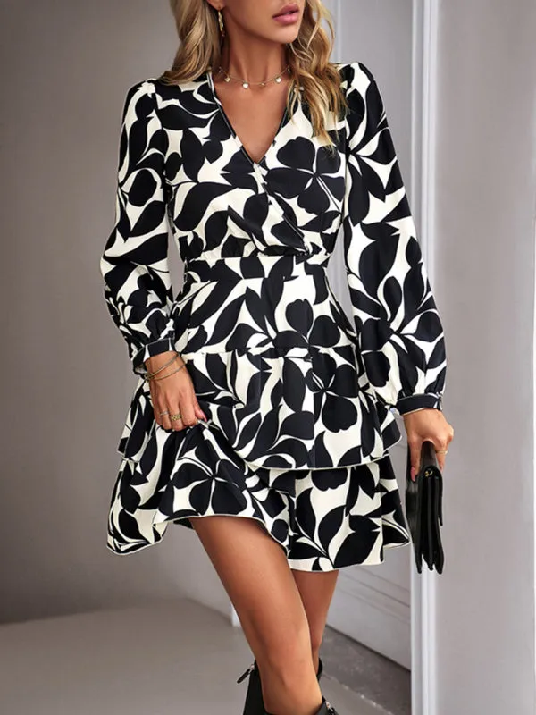 Elastic Waist Long Sleeve Layered Surplice Dress