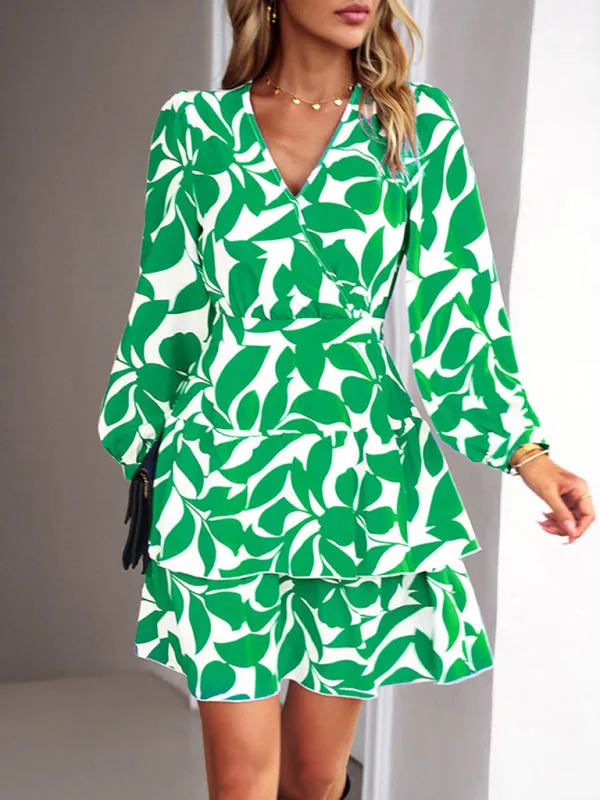 Elastic Waist Long Sleeve Layered Surplice Dress