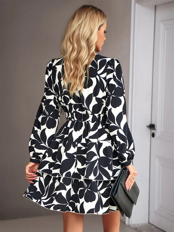 Elastic Waist Long Sleeve Layered Surplice Dress