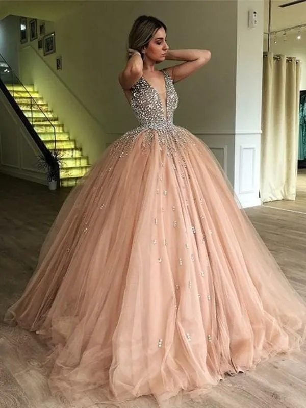 Gown V-neck Sleeveless Sweep/Brush Train With Beading Tulle Dresses