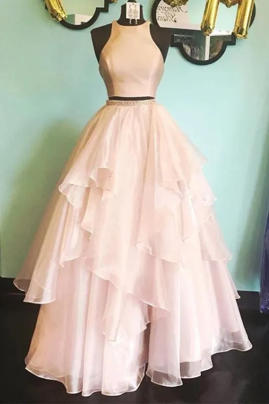 Graceful Attractive A-line Two Piece Peach Pink Jewel Sleeveless Open Back Floor-length Prom Dress