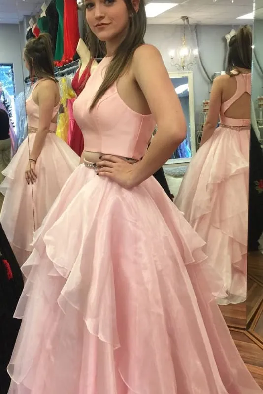 Graceful Attractive A-line Two Piece Peach Pink Jewel Sleeveless Open Back Floor-length Prom Dress