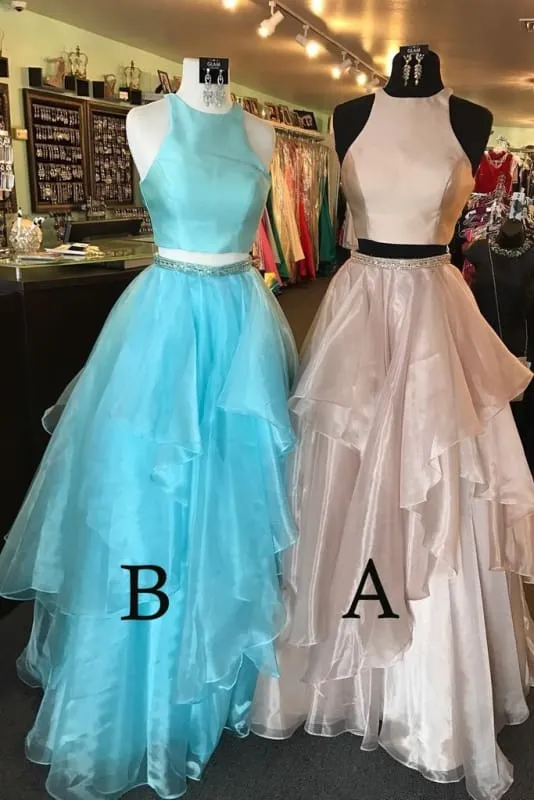 Graceful Attractive A-line Two Piece Peach Pink Jewel Sleeveless Open Back Floor-length Prom Dress