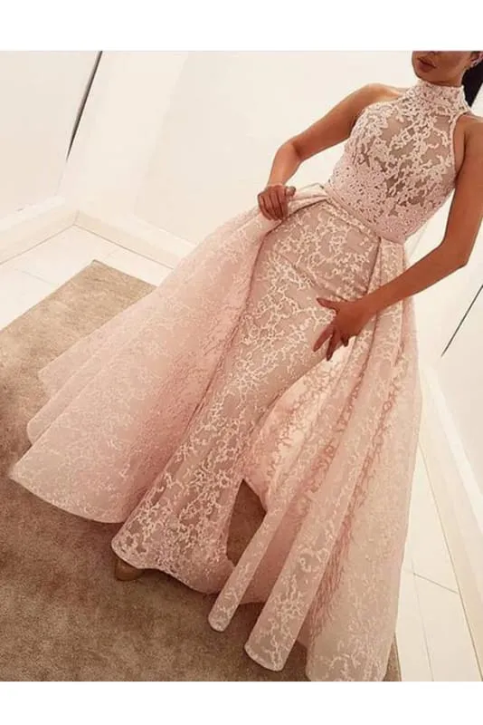 Graceful Excellent Amazing Unique Mermaid High Neck Sleeveless Sweep Train Pearl Pink Lace Prom Dress