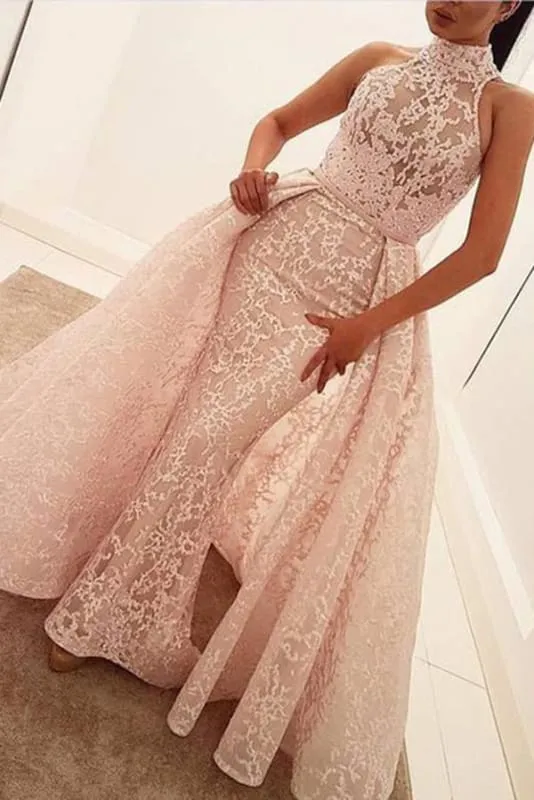 Graceful Excellent Amazing Unique Mermaid High Neck Sleeveless Sweep Train Pearl Pink Lace Prom Dress