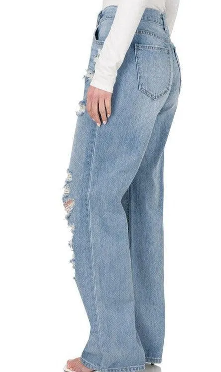 High Rise Distressed Wide Leg Jeans