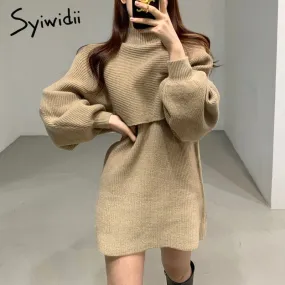 Joskaa hoco dresses Knit 2 Piece Set Womens Fall Winter 2024 New Office Lady Outfits Lantern Sleeve Turtleneck Sweaters Mini Tank Dresses