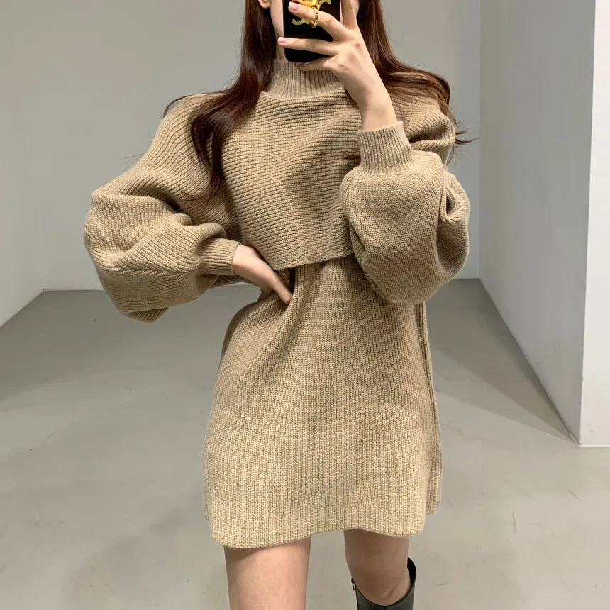 Joskaa hoco dresses Knit 2 Piece Set Womens Fall Winter 2024 New Office Lady Outfits Lantern Sleeve Turtleneck Sweaters Mini Tank Dresses