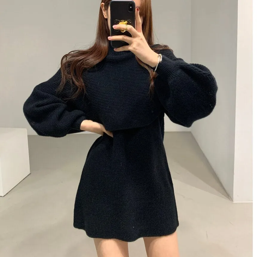 Joskaa hoco dresses Knit 2 Piece Set Womens Fall Winter 2024 New Office Lady Outfits Lantern Sleeve Turtleneck Sweaters Mini Tank Dresses