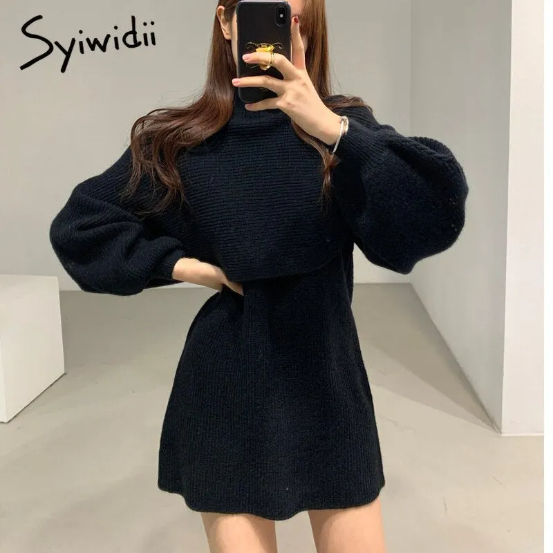 Joskaa hoco dresses Knit 2 Piece Set Womens Fall Winter 2024 New Office Lady Outfits Lantern Sleeve Turtleneck Sweaters Mini Tank Dresses