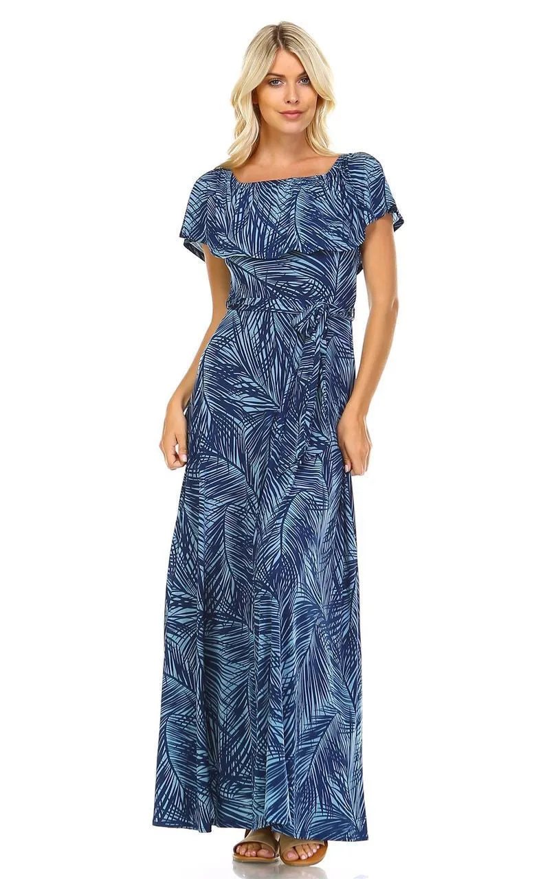 Off The Shoulder Wrap Maxi Dress Jungle Leaves Blue