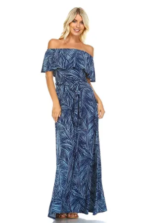Off The Shoulder Wrap Maxi Dress Jungle Leaves Blue