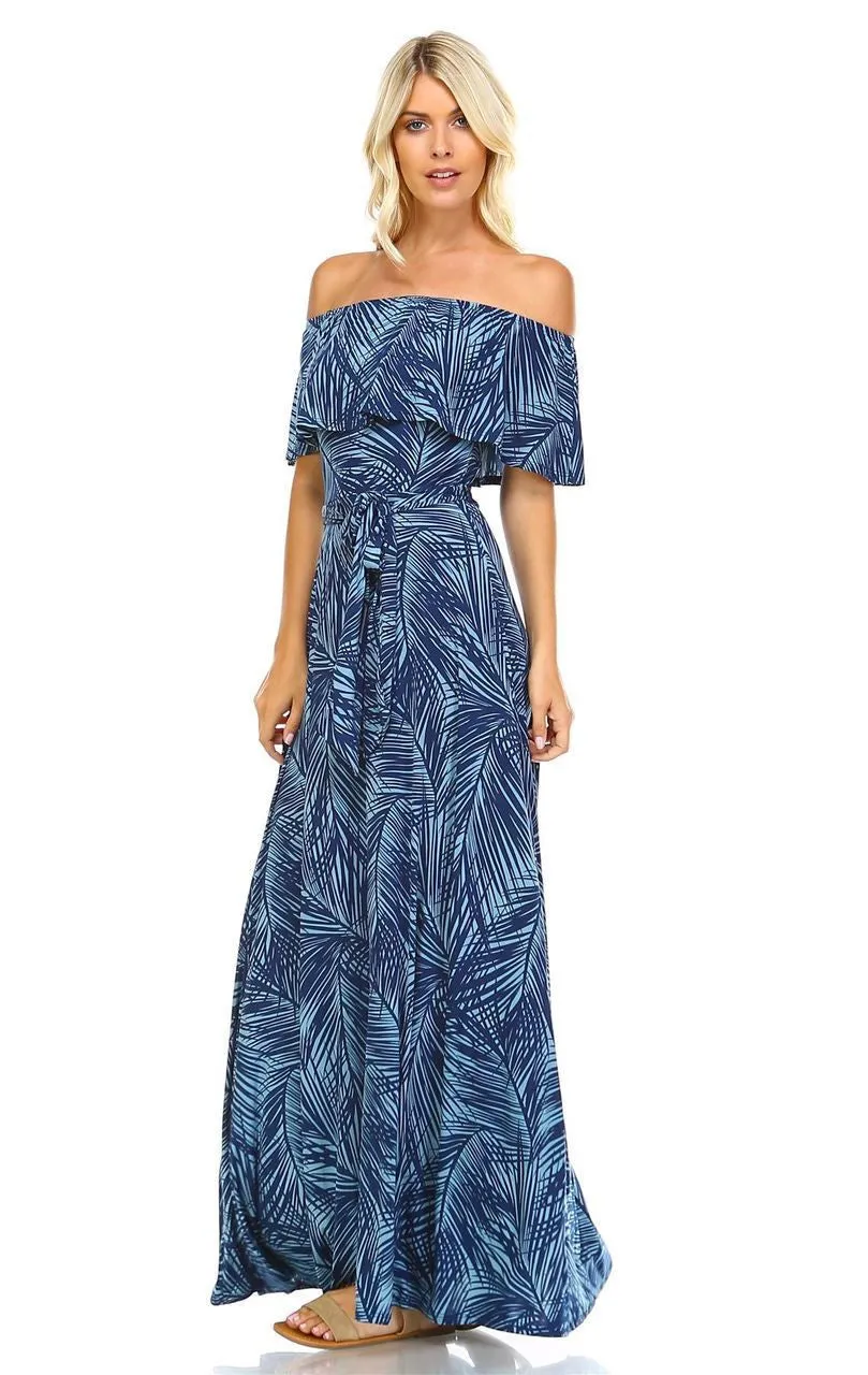 Off The Shoulder Wrap Maxi Dress Jungle Leaves Blue