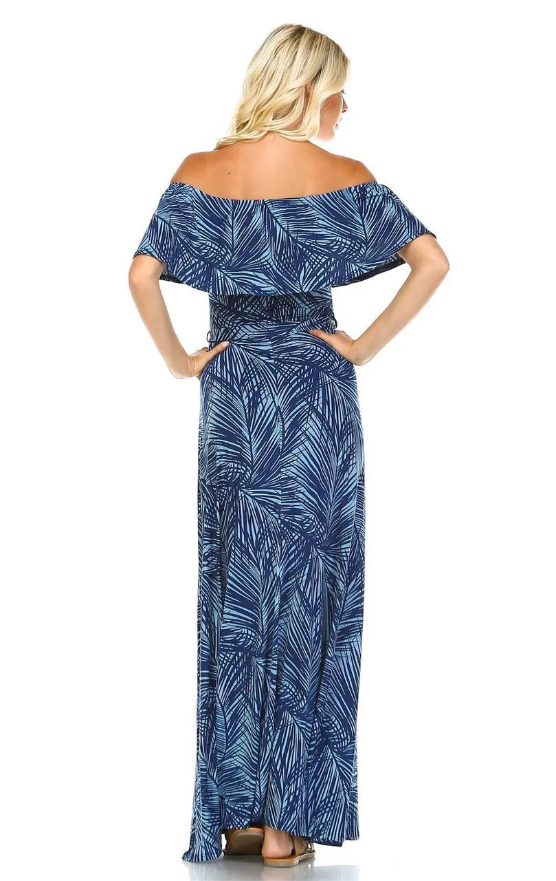 Off The Shoulder Wrap Maxi Dress Jungle Leaves Blue