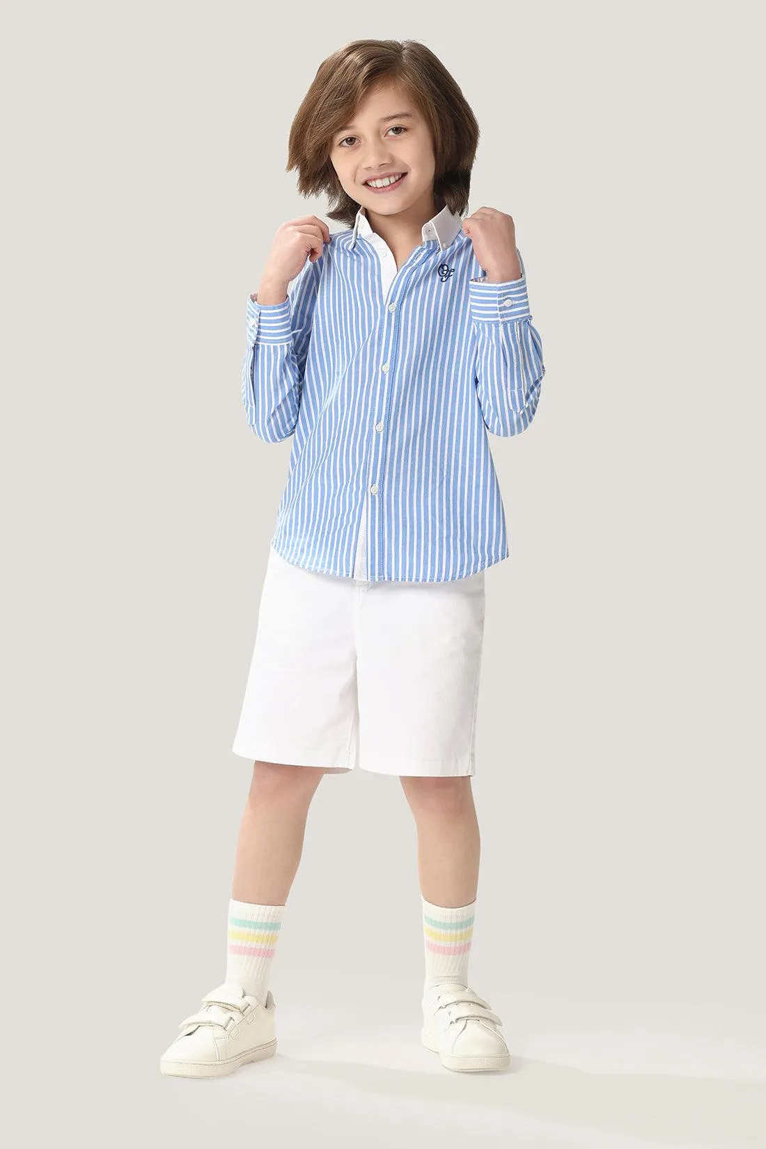One Friday Kids Boys Off White Cotton Embroidered Shorts With Pockets
