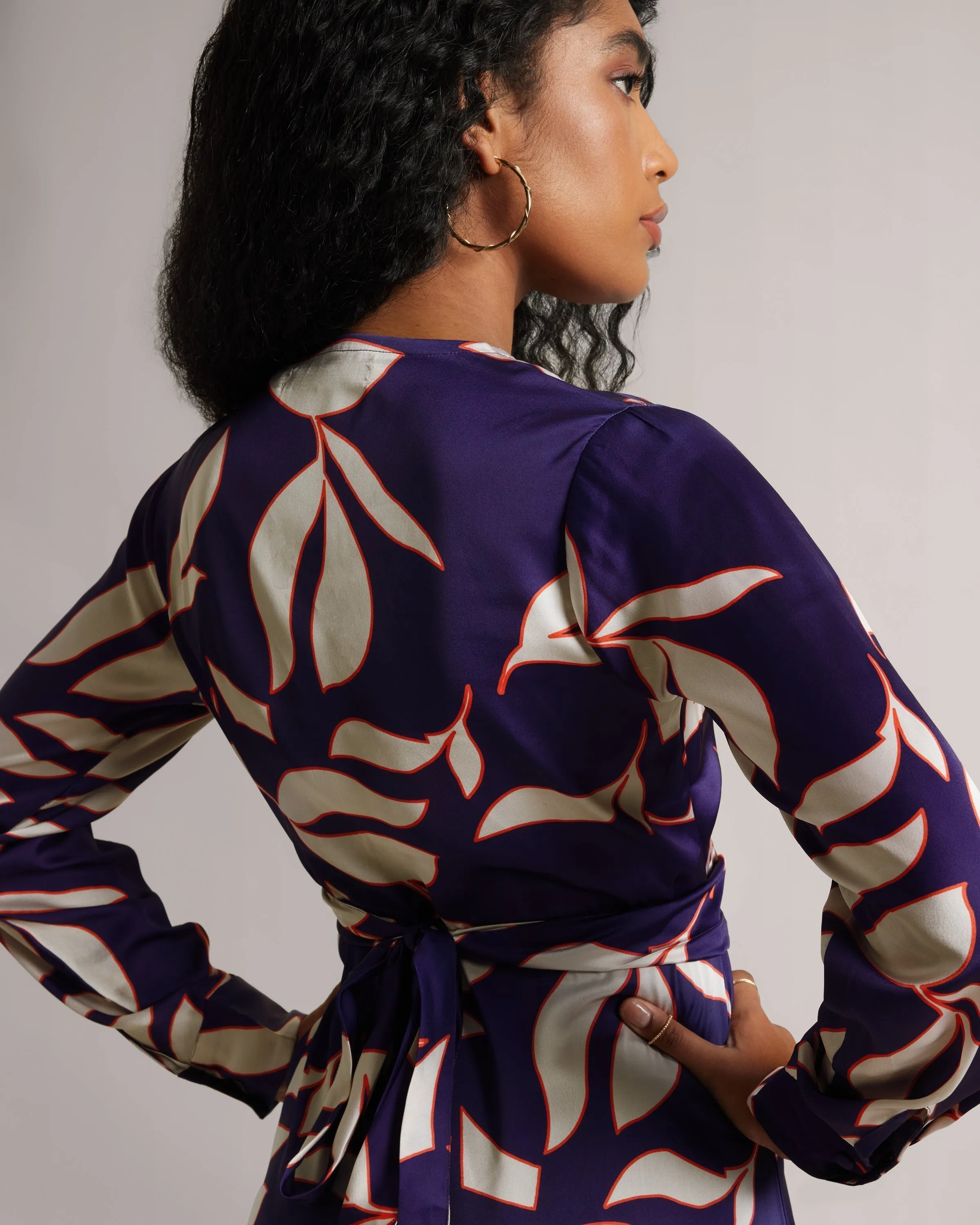 Purple Satin Wrap Midi Dress with Side Slit