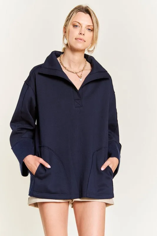 Solid Brushed Knit Hoodie with High Collar and Raw Edge Detail