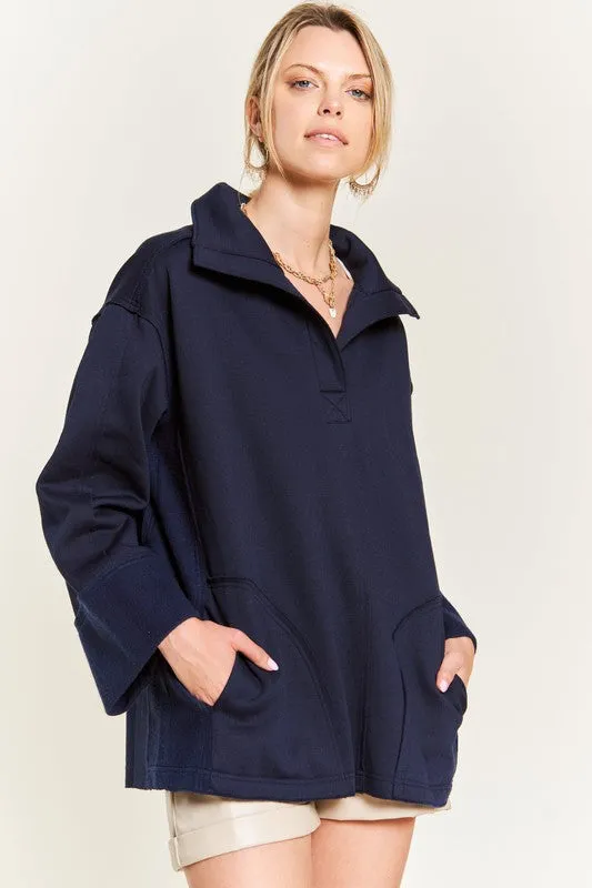 Solid Brushed Knit Hoodie with High Collar and Raw Edge Detail