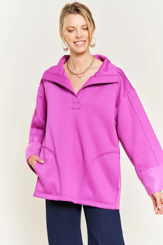 Solid Brushed Knit Hoodie with High Collar and Raw Edge Detail