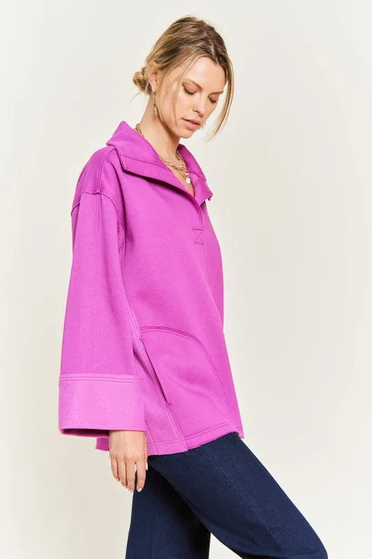 Solid Brushed Knit Hoodie with High Collar and Raw Edge Detail