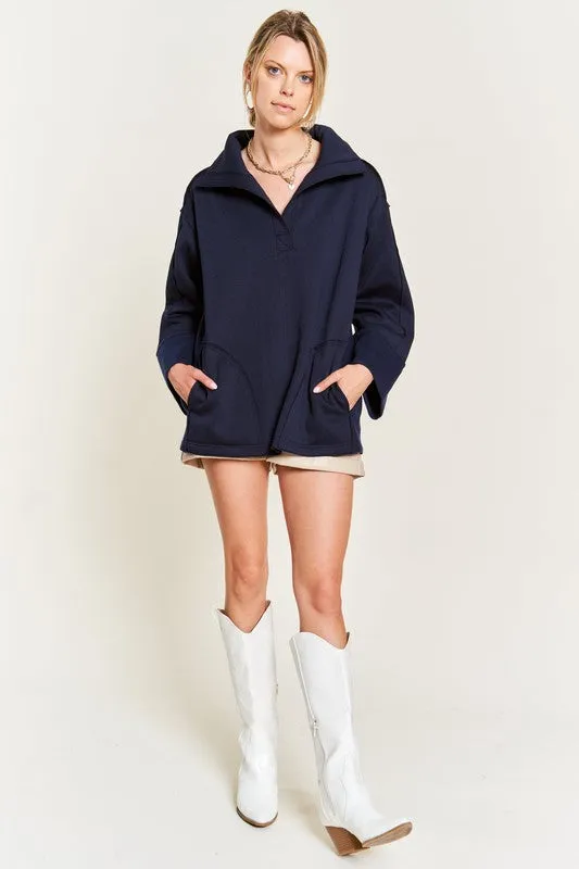 Solid Brushed Knit Hoodie with High Collar and Raw Edge Detail