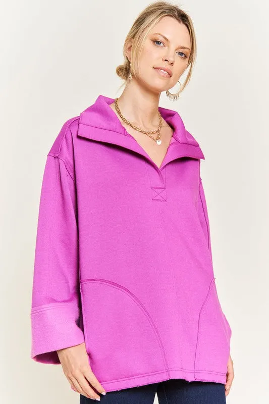 Solid Brushed Knit Hoodie with High Collar and Raw Edge Detail