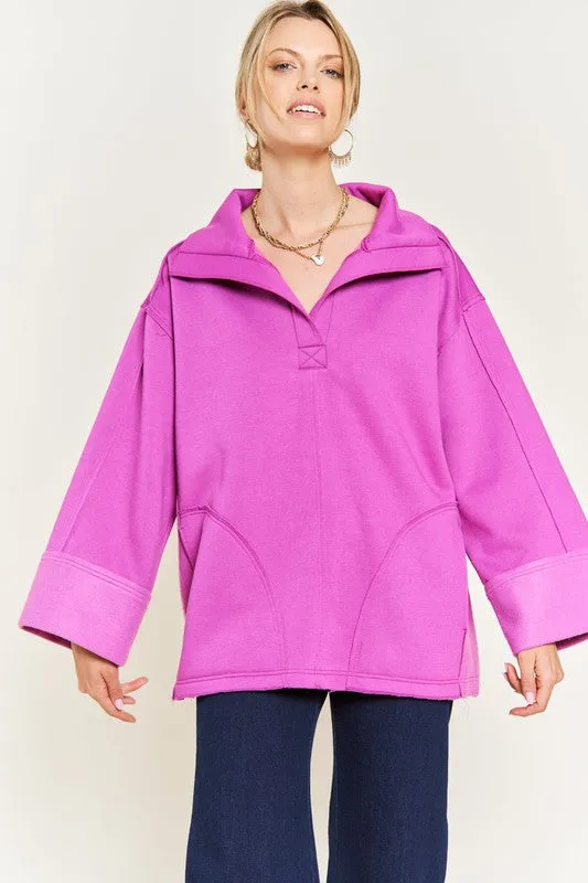 Solid Brushed Knit Hoodie with High Collar and Raw Edge Detail