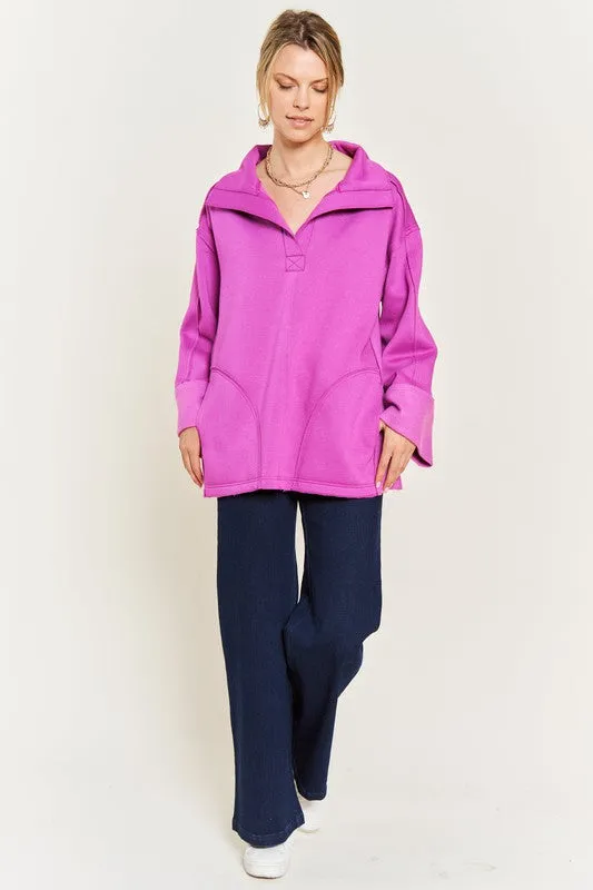 Solid Brushed Knit Hoodie with High Collar and Raw Edge Detail