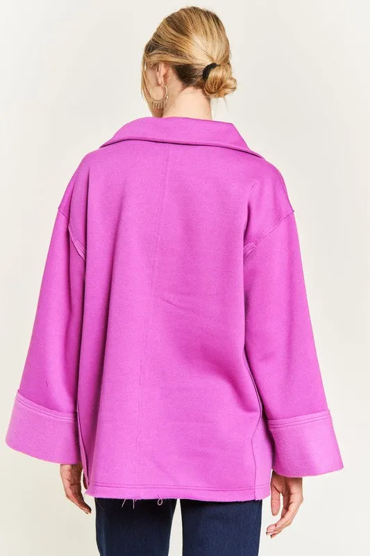 Solid Brushed Knit Hoodie with High Collar and Raw Edge Detail