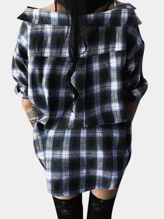 Wholesale Off The Shoulder Long Sleeve Grid Irregular Hem Mini Dress