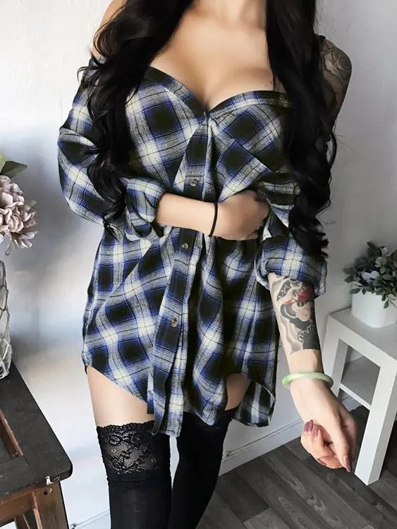 Wholesale Off The Shoulder Long Sleeve Grid Irregular Hem Mini Dress