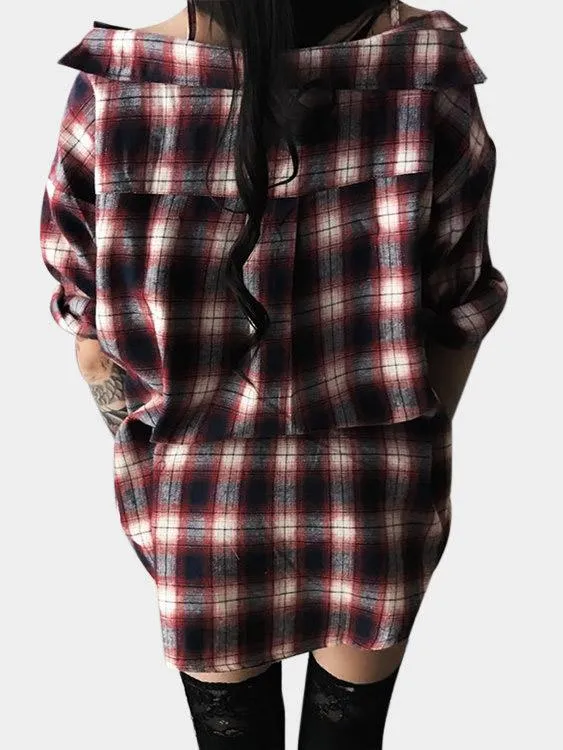 Wholesale Off The Shoulder Long Sleeve Grid Irregular Hem Mini Dress